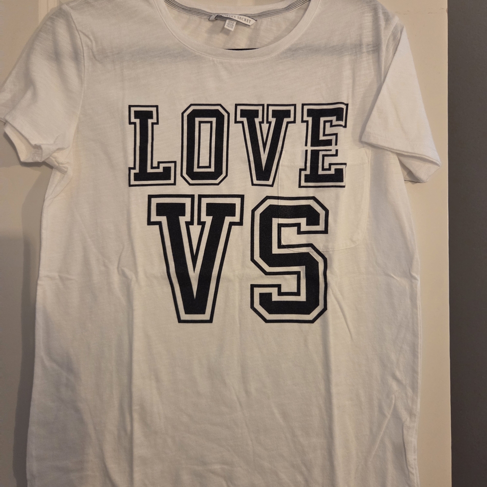 Victoria's Secret White Short Sleeve Tee with Black 'LOVE VS' Graphic